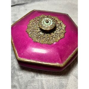 Vintage Germany Magenta Porcelain Trinket Box Brass Filigree Vanity Jewelry Dish